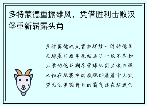 多特蒙德重振雄风，凭借胜利击败汉堡重新崭露头角