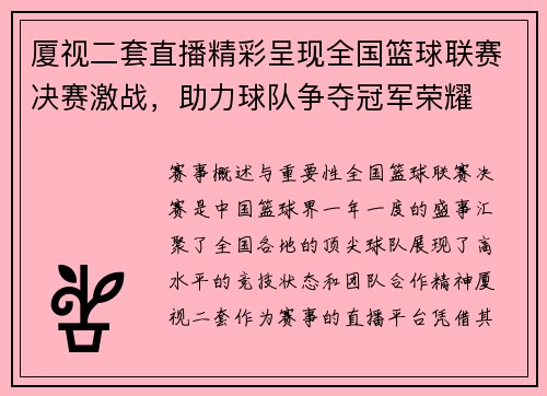 厦视二套直播精彩呈现全国篮球联赛决赛激战，助力球队争夺冠军荣耀
