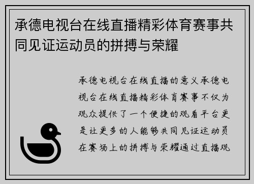 承德电视台在线直播精彩体育赛事共同见证运动员的拼搏与荣耀